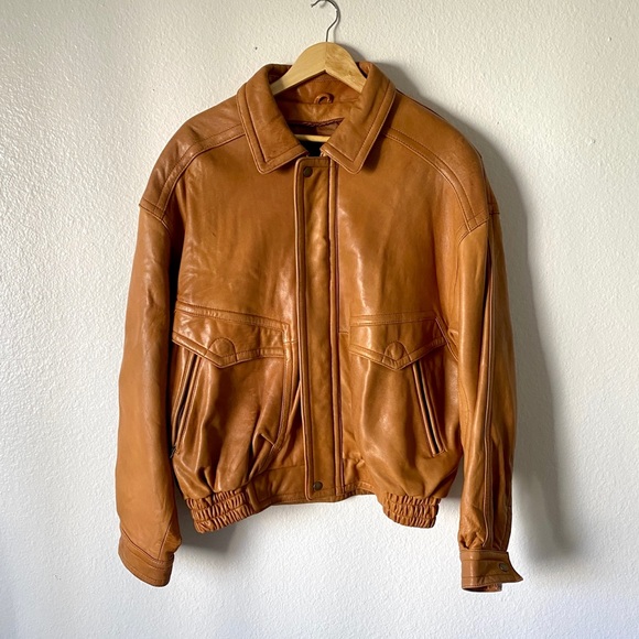 Vintage Brown Cognac Leather Bomber Pockets Jacket - Picture 2 of 12